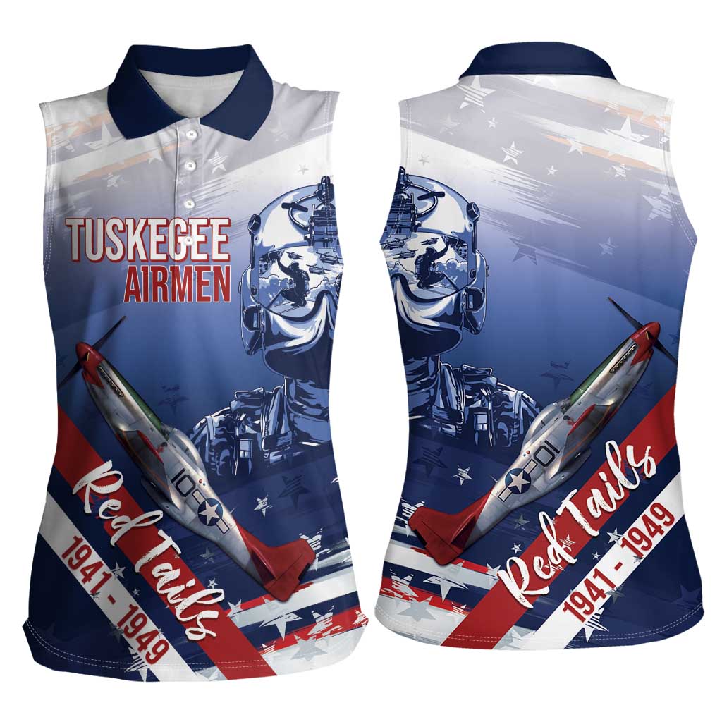 Tuskegee Airmen Red Tails Women Sleeveless Polo Shirt Straighten Up and Fly Right - Blue White - Wonder Print Shop