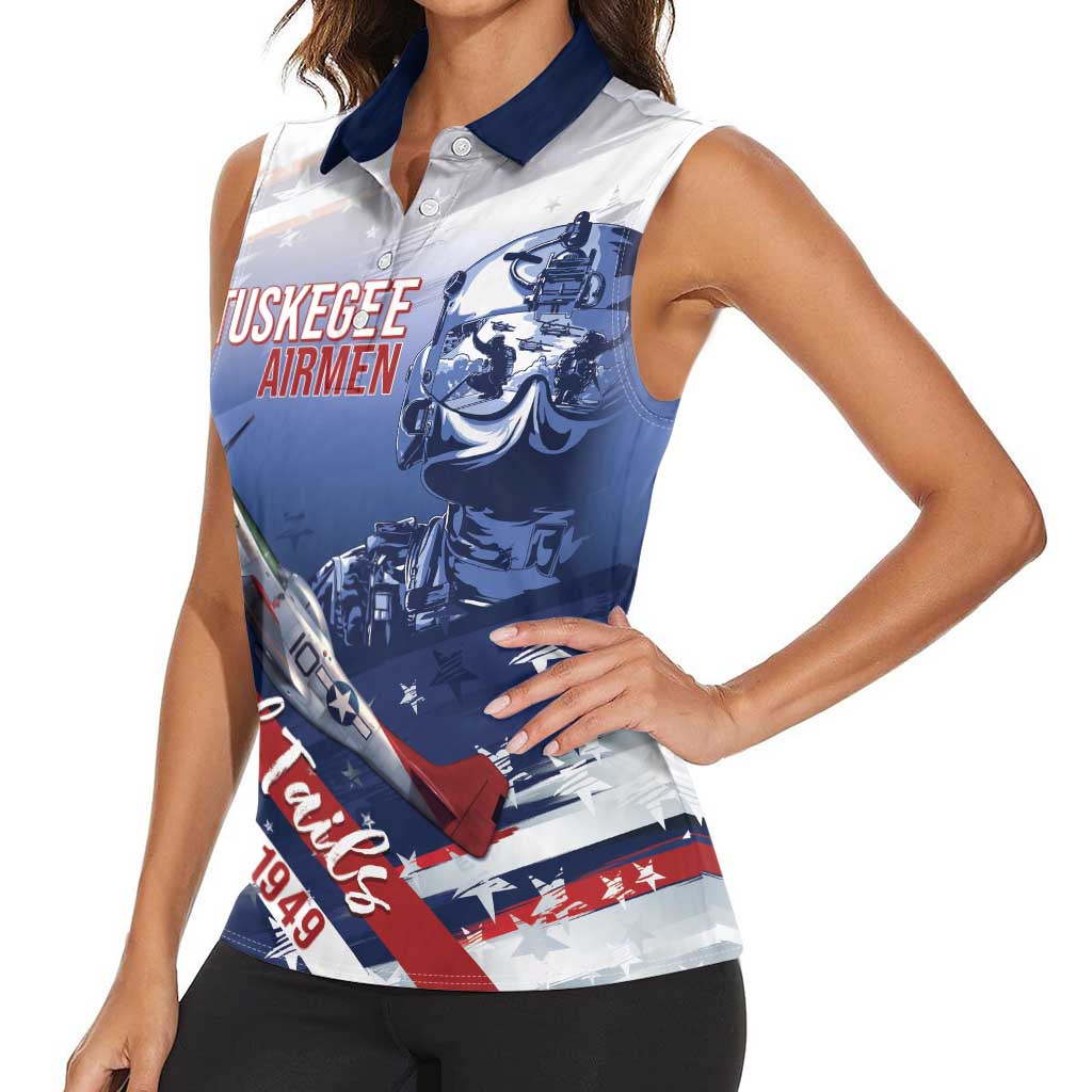 Tuskegee Airmen Red Tails Women Sleeveless Polo Shirt Straighten Up and Fly Right - Blue White - Wonder Print Shop