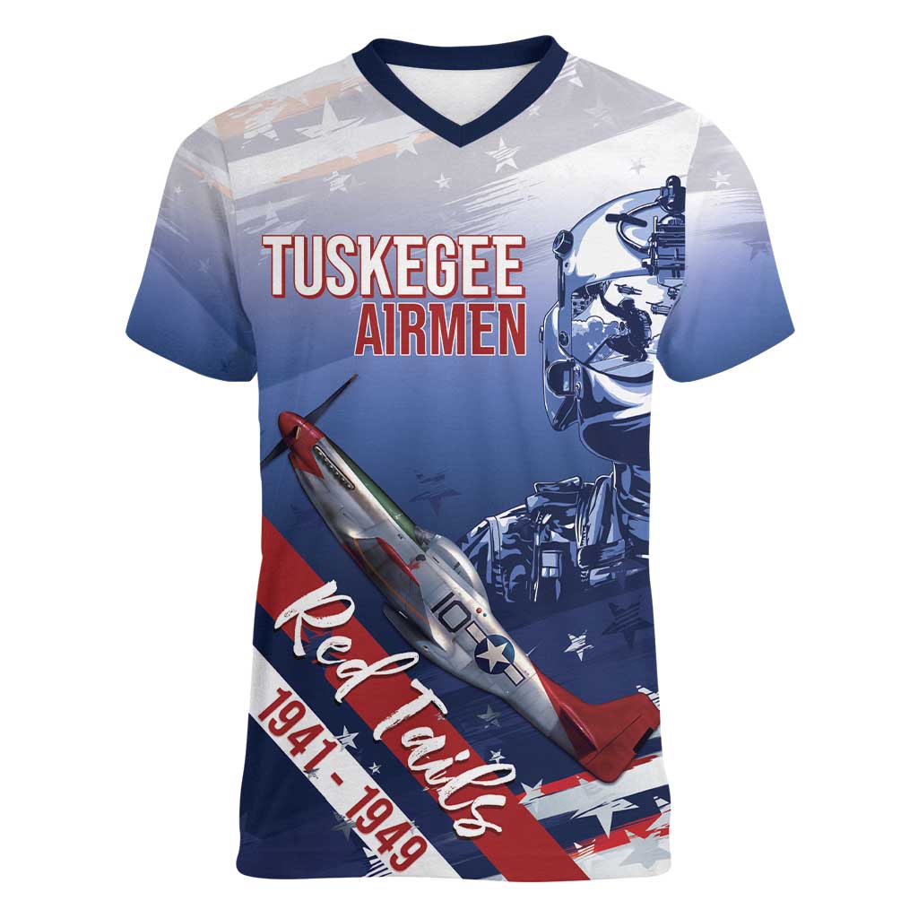 Tuskegee Airmen Red Tails Women V-Neck T-Shirt Straighten Up and Fly Right - Blue White - Wonder Print Shop