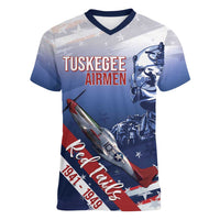 Tuskegee Airmen Red Tails Women V-Neck T-Shirt Straighten Up and Fly Right - Blue White - Wonder Print Shop