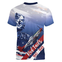 Tuskegee Airmen Red Tails Women V-Neck T-Shirt Straighten Up and Fly Right - Blue White - Wonder Print Shop
