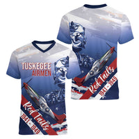 Tuskegee Airmen Red Tails Women V-Neck T-Shirt Straighten Up and Fly Right - Blue White - Wonder Print Shop