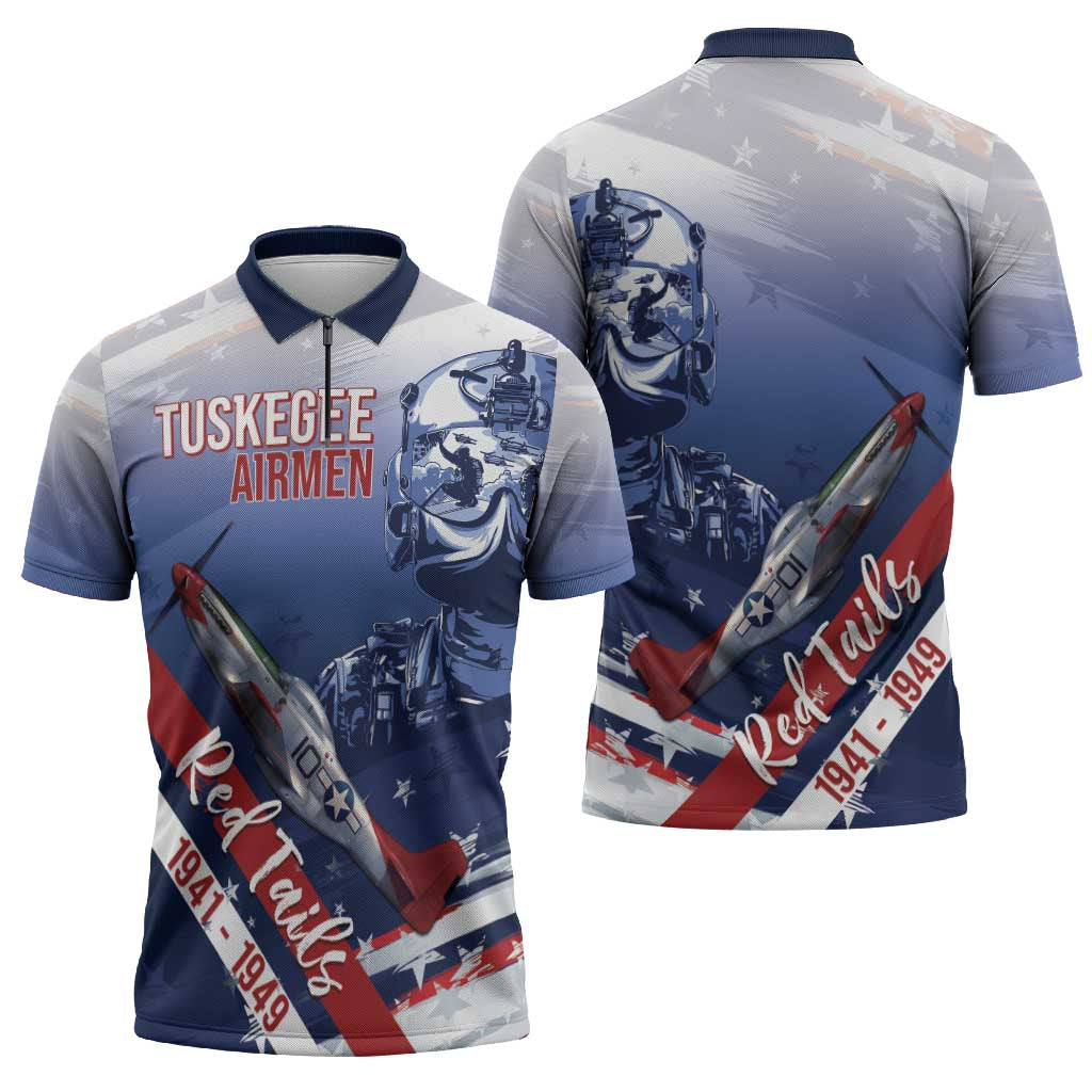 Tuskegee Airmen Red Tails Zipper Polo Shirt Straighten Up and Fly Right - Blue White - Wonder Print Shop