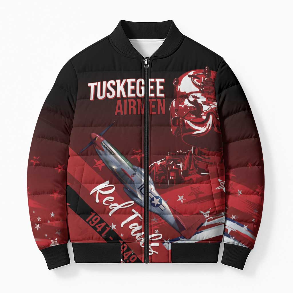Tuskegee Airmen Red Tails Bomber Puffer Jacket Straighten Up and Fly Right - Black Red - Wonder Print Shop