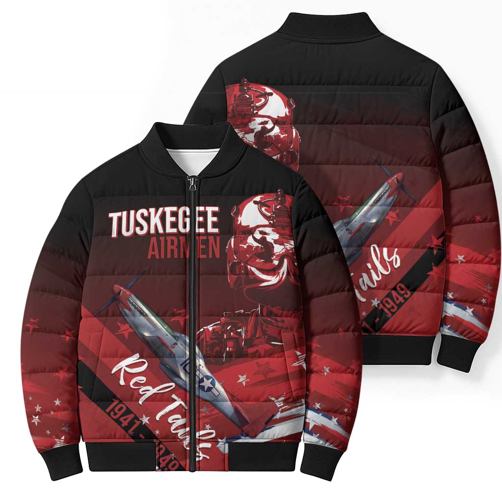 Tuskegee Airmen Red Tails Bomber Puffer Jacket Straighten Up and Fly Right - Black Red - Wonder Print Shop