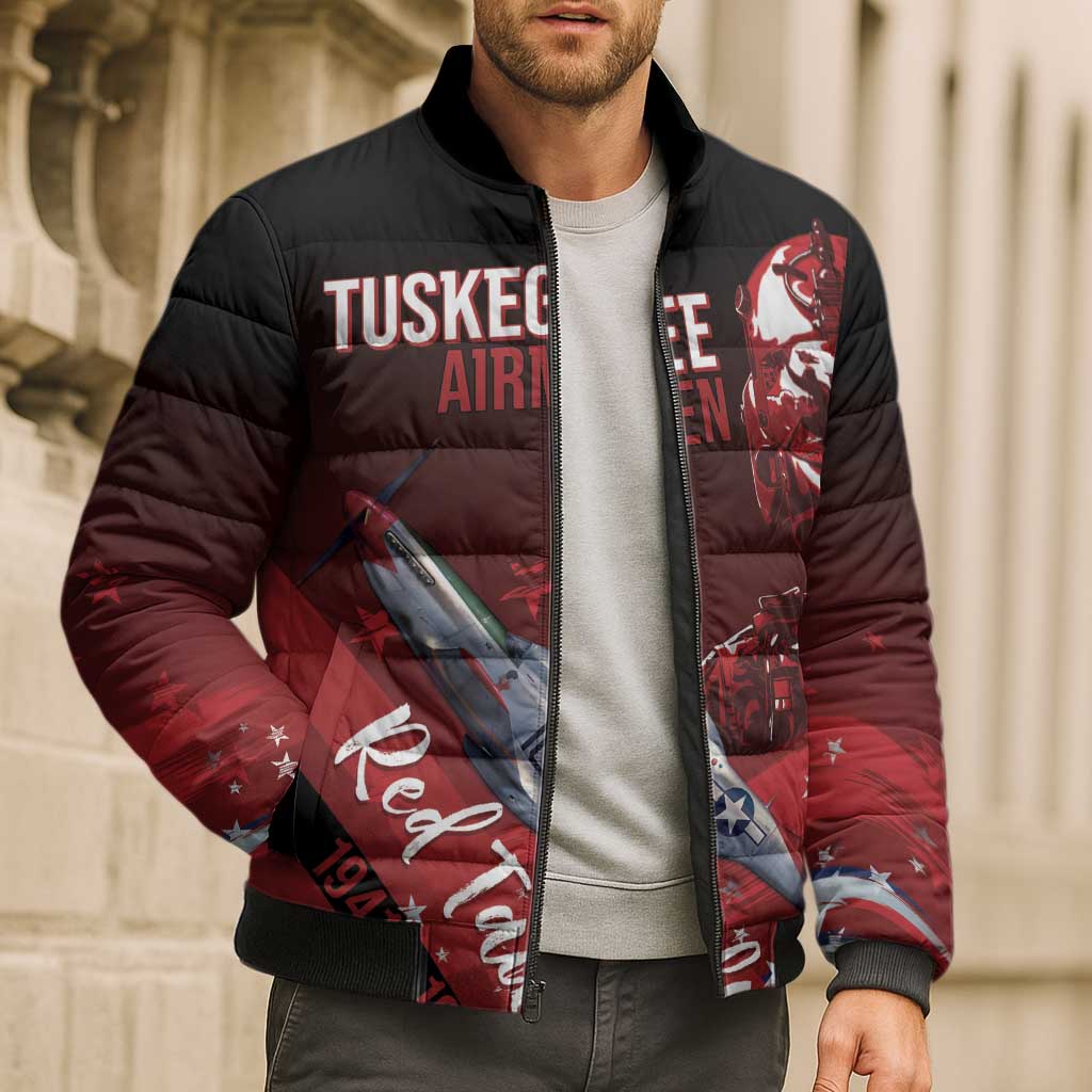 Tuskegee Airmen Red Tails Bomber Puffer Jacket Straighten Up and Fly Right - Black Red - Wonder Print Shop