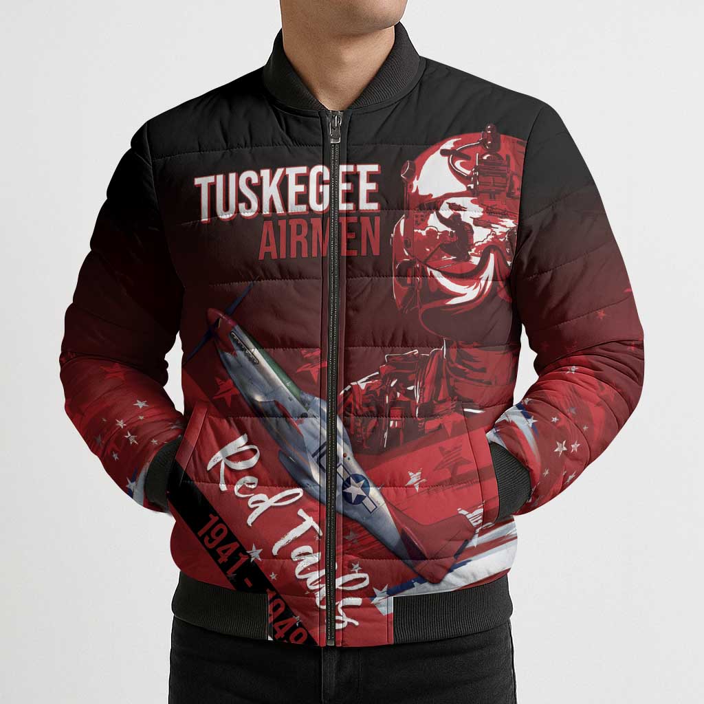 Tuskegee Airmen Red Tails Bomber Puffer Jacket Straighten Up and Fly Right - Black Red - Wonder Print Shop