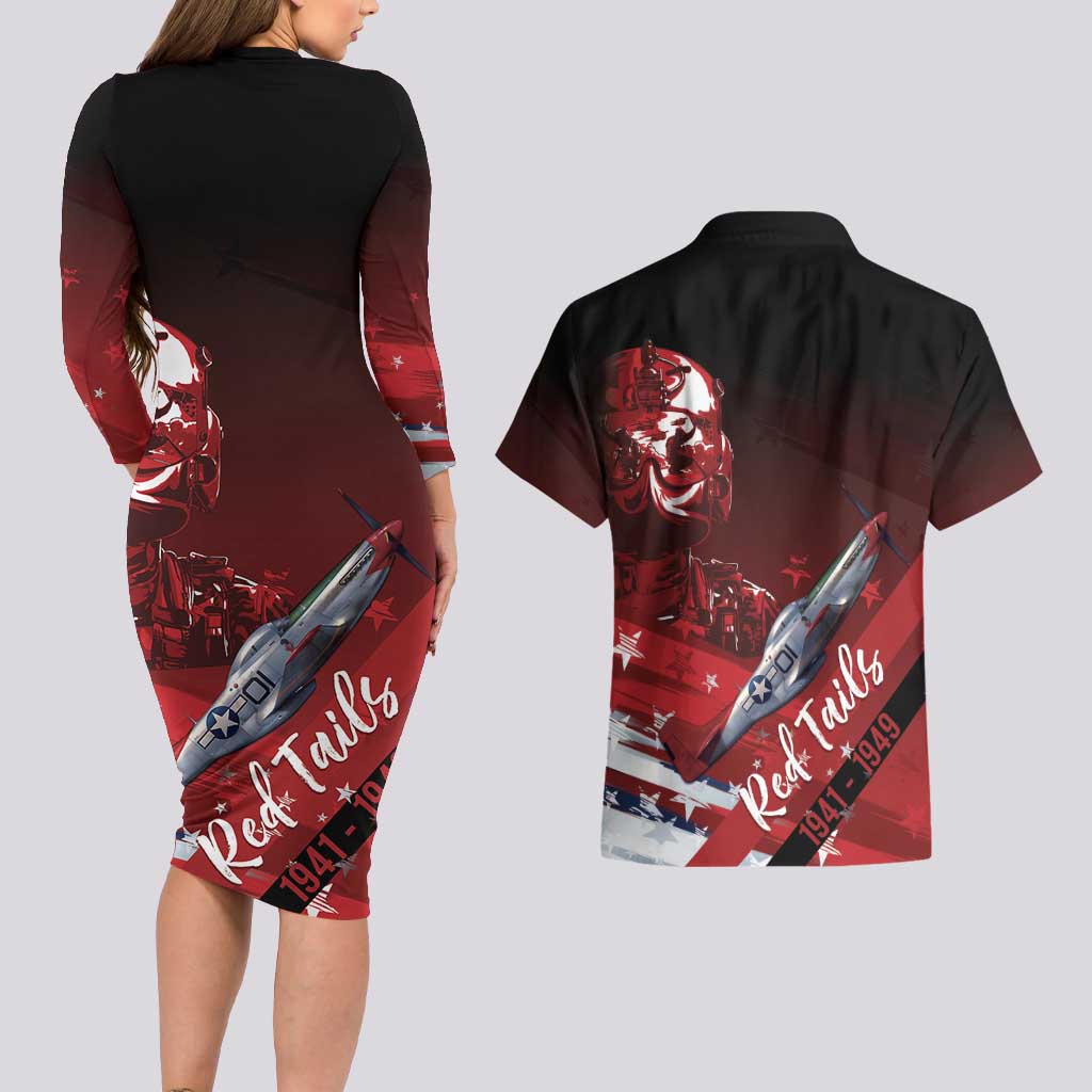 Tuskegee Airmen Red Tails Couples Matching Long Sleeve Bodycon Dress and Hawaiian Shirt Straighten Up and Fly Right - Black Red - Wonder Print Shop
