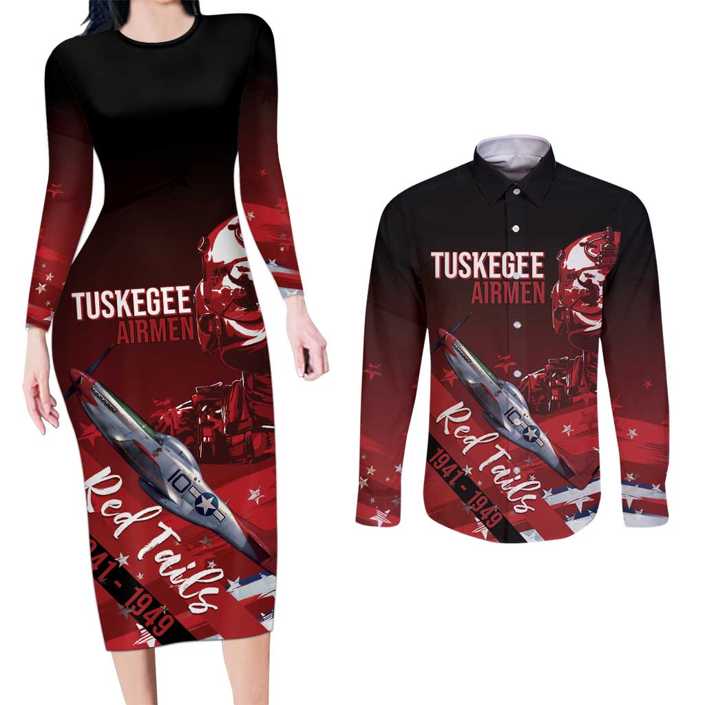 Tuskegee Airmen Red Tails Couples Matching Long Sleeve Bodycon Dress and Long Sleeve Button Shirt Straighten Up and Fly Right - Black Red - Wonder Print Shop
