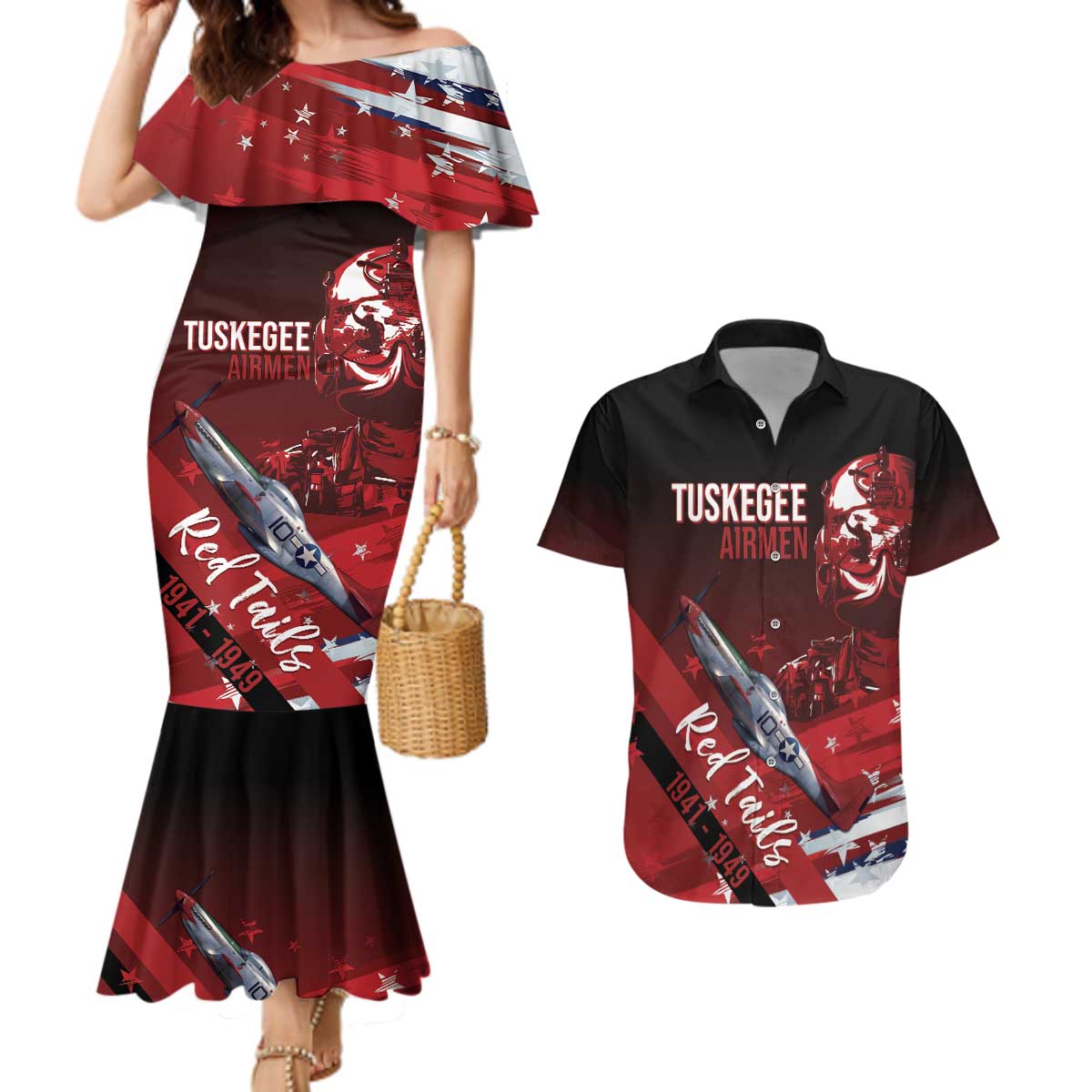 Tuskegee Airmen Red Tails Couples Matching Mermaid Dress and Hawaiian Shirt Straighten Up and Fly Right - Black Red - Wonder Print Shop