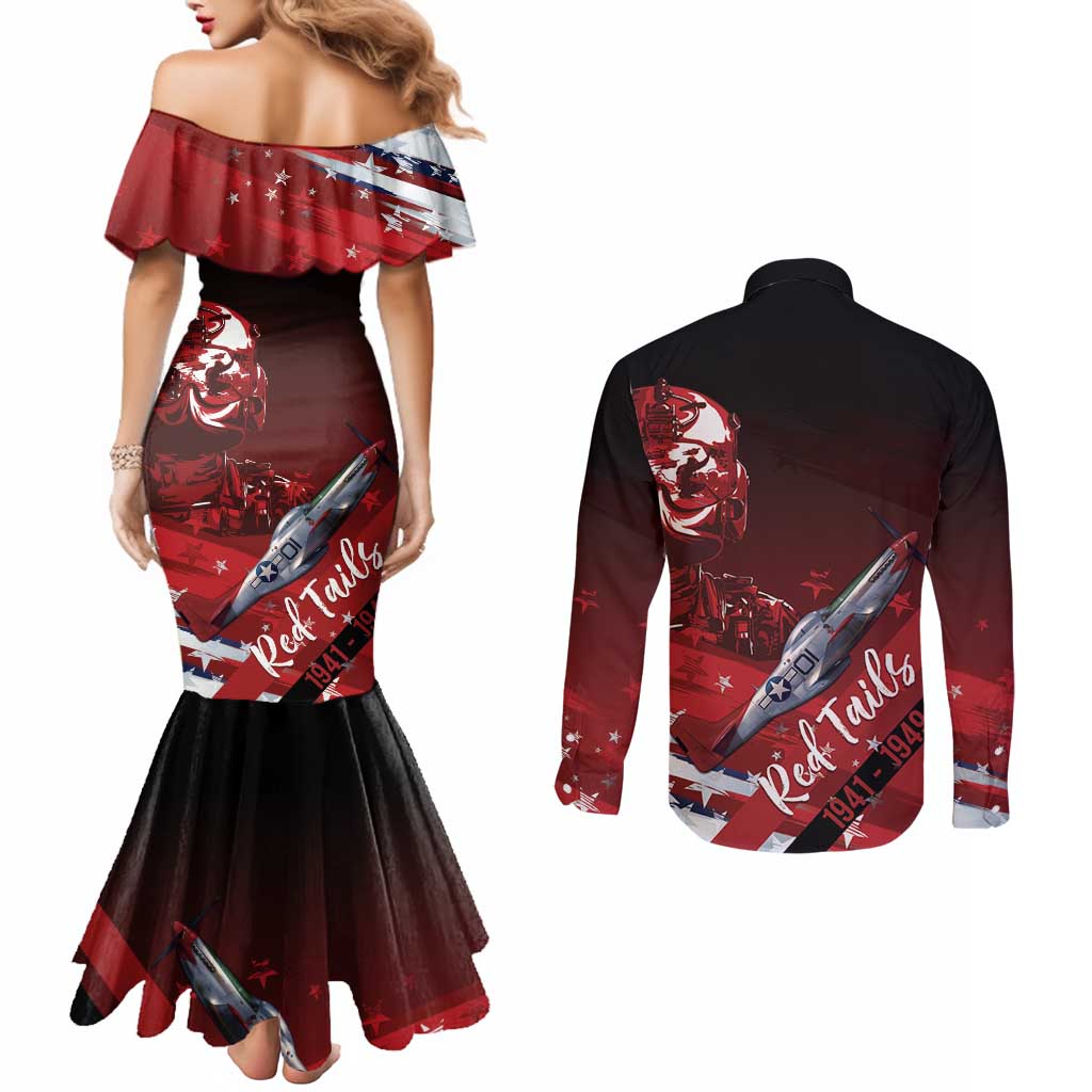 Tuskegee Airmen Red Tails Couples Matching Mermaid Dress and Long Sleeve Button Shirt Straighten Up and Fly Right - Black Red - Wonder Print Shop