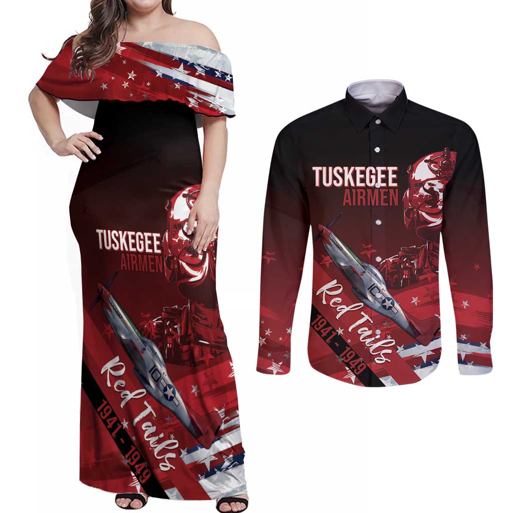 Tuskegee Airmen Red Tails Couples Matching Off Shoulder Maxi Dress and Long Sleeve Button Shirt Straighten Up and Fly Right - Black Red - Wonder Print Shop