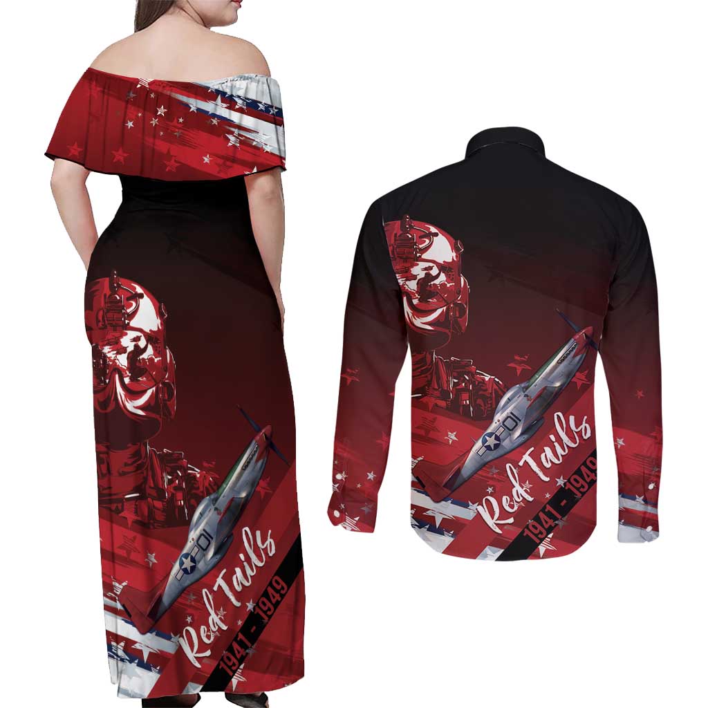 Tuskegee Airmen Red Tails Couples Matching Off Shoulder Maxi Dress and Long Sleeve Button Shirt Straighten Up and Fly Right - Black Red - Wonder Print Shop