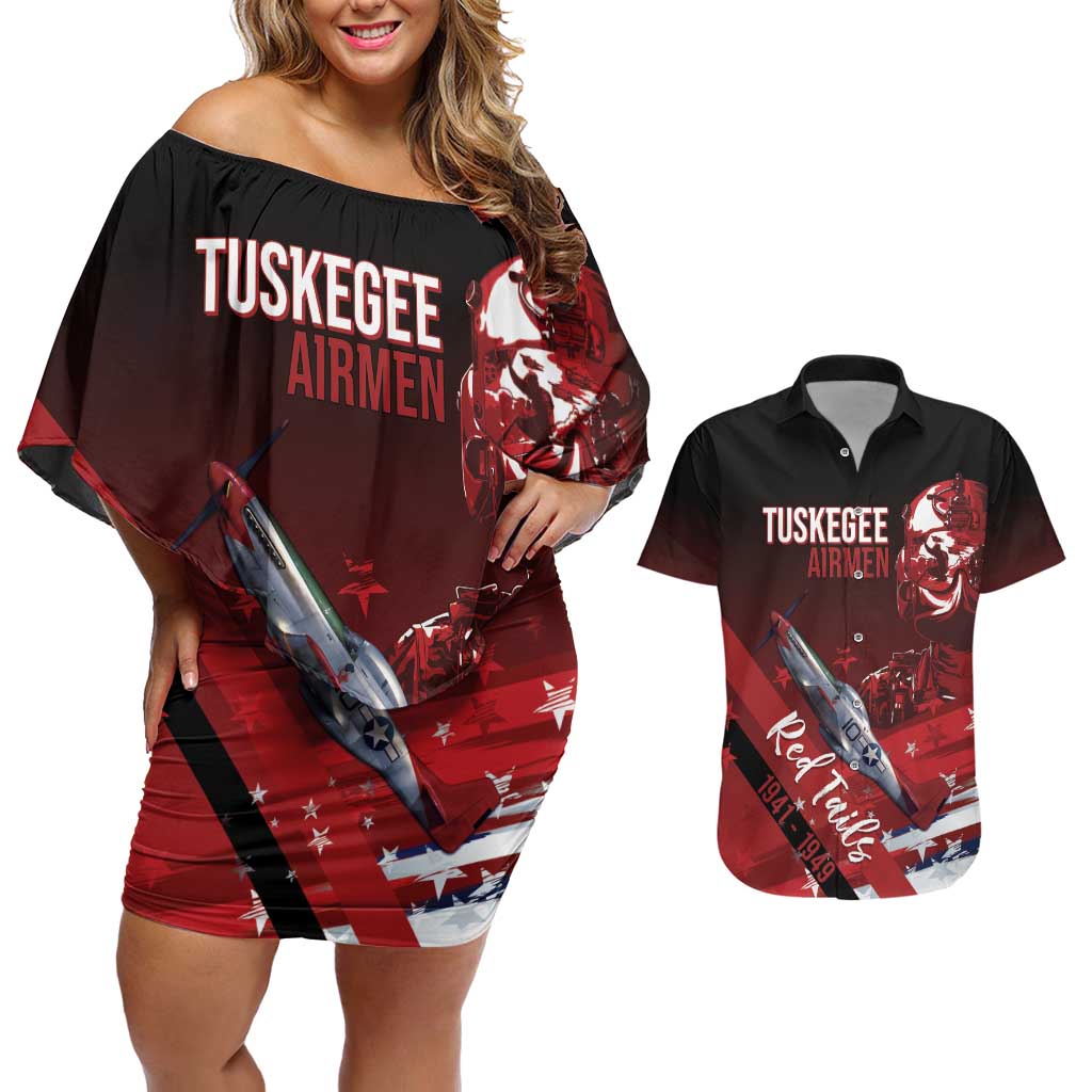 Tuskegee Airmen Red Tails Couples Matching Off Shoulder Short Dress and Hawaiian Shirt Straighten Up and Fly Right - Black Red - Wonder Print Shop
