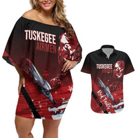 Tuskegee Airmen Red Tails Couples Matching Off Shoulder Short Dress and Hawaiian Shirt Straighten Up and Fly Right - Black Red - Wonder Print Shop