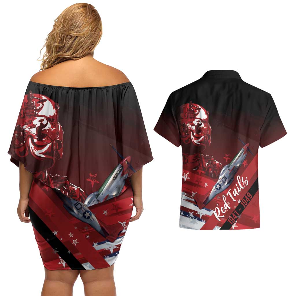Tuskegee Airmen Red Tails Couples Matching Off Shoulder Short Dress and Hawaiian Shirt Straighten Up and Fly Right - Black Red - Wonder Print Shop
