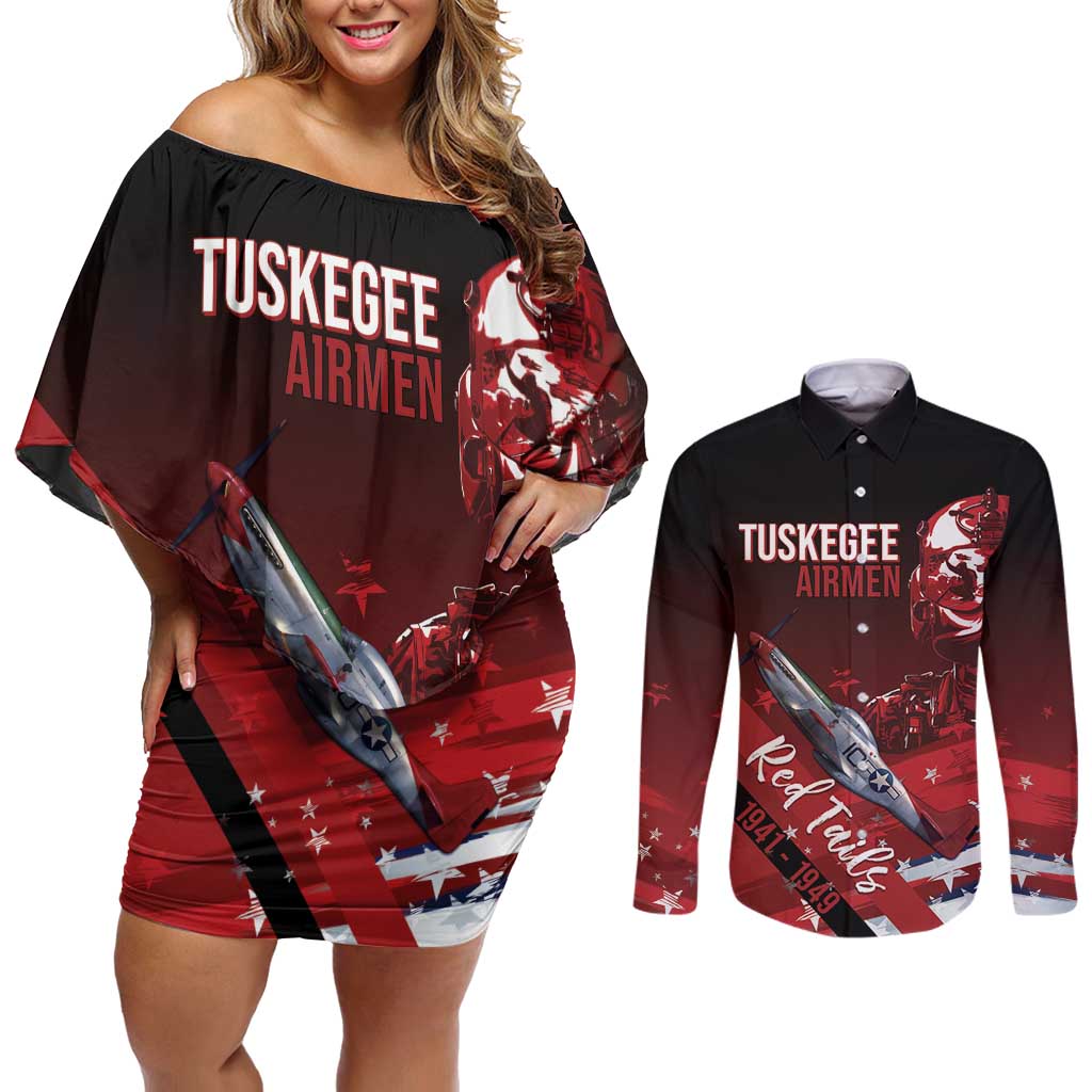 Tuskegee Airmen Red Tails Couples Matching Off Shoulder Short Dress and Long Sleeve Button Shirt Straighten Up and Fly Right - Black Red - Wonder Print Shop