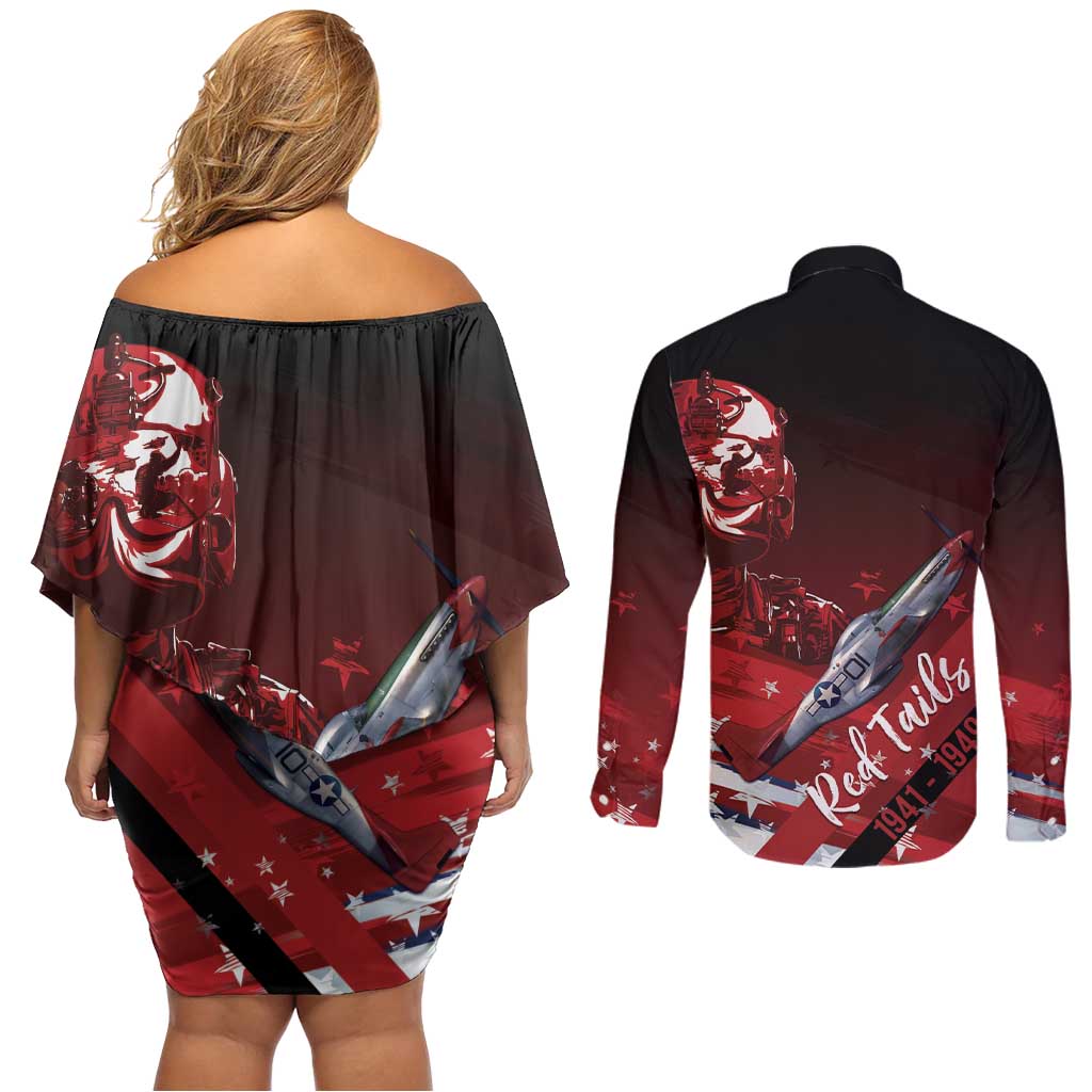 Tuskegee Airmen Red Tails Couples Matching Off Shoulder Short Dress and Long Sleeve Button Shirt Straighten Up and Fly Right - Black Red - Wonder Print Shop