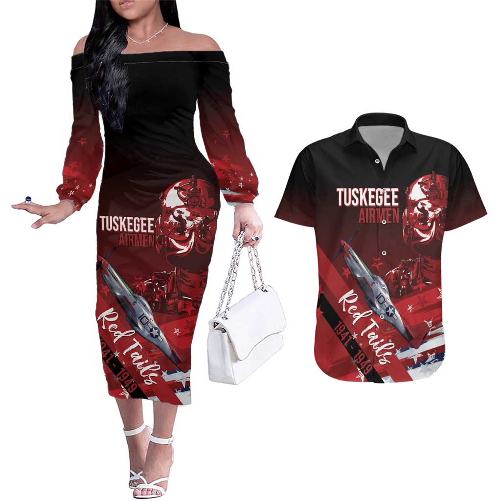 Tuskegee Airmen Red Tails Couples Matching Off The Shoulder Long Sleeve Dress and Hawaiian Shirt Straighten Up and Fly Right - Black Red - Wonder Print Shop