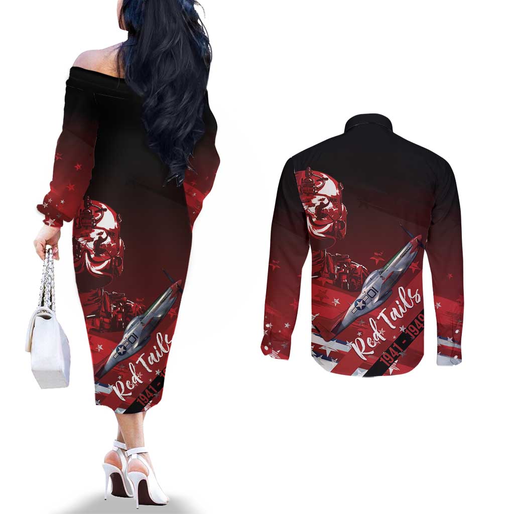 Tuskegee Airmen Red Tails Couples Matching Off The Shoulder Long Sleeve Dress and Long Sleeve Button Shirt Straighten Up and Fly Right - Black Red - Wonder Print Shop