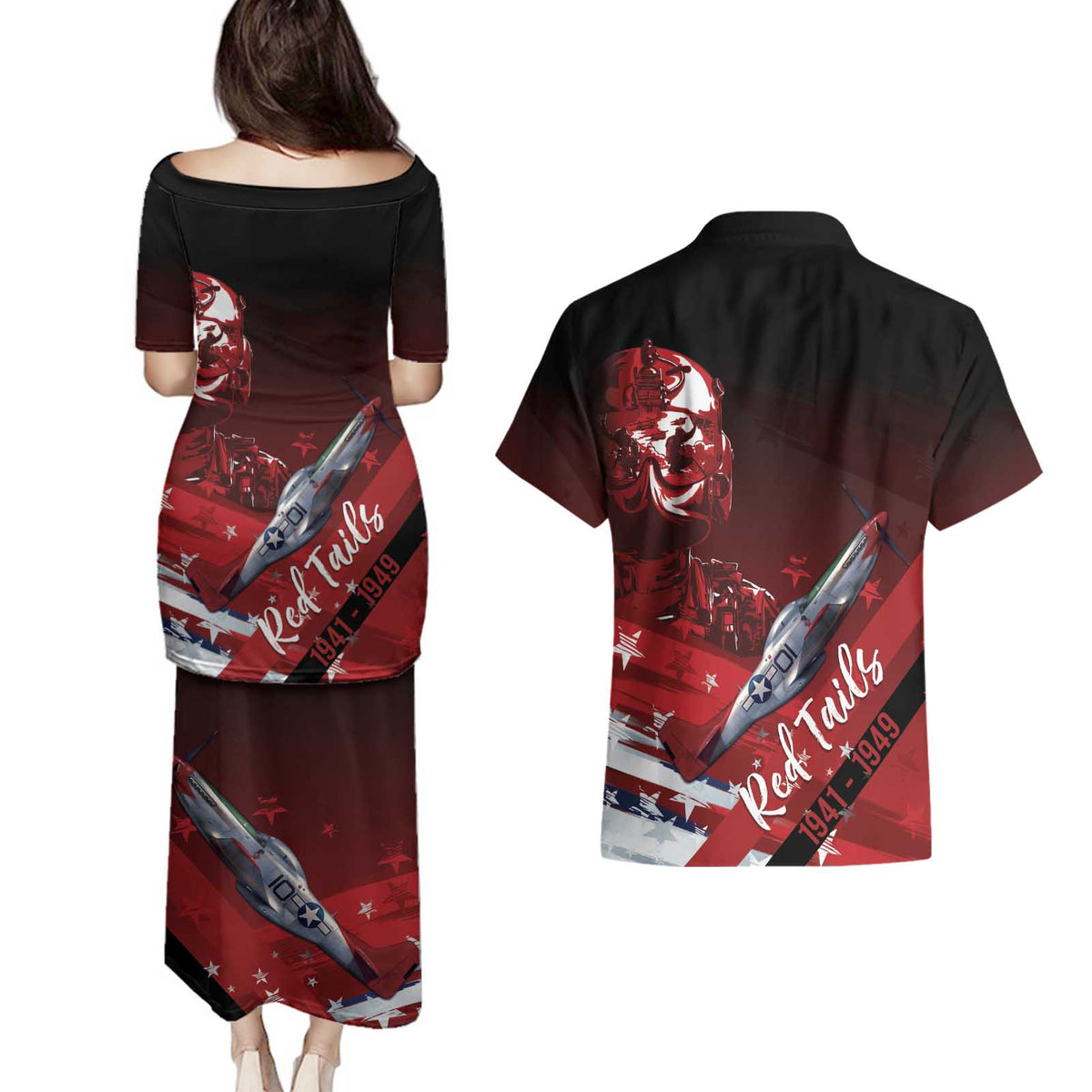 Tuskegee Airmen Red Tails Couples Matching Puletasi and Hawaiian Shirt Straighten Up and Fly Right - Black Red - Wonder Print Shop