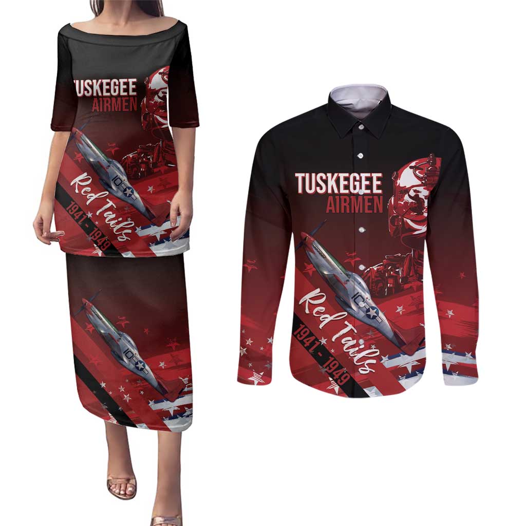 Tuskegee Airmen Red Tails Couples Matching Puletasi and Long Sleeve Button Shirt Straighten Up and Fly Right - Black Red - Wonder Print Shop