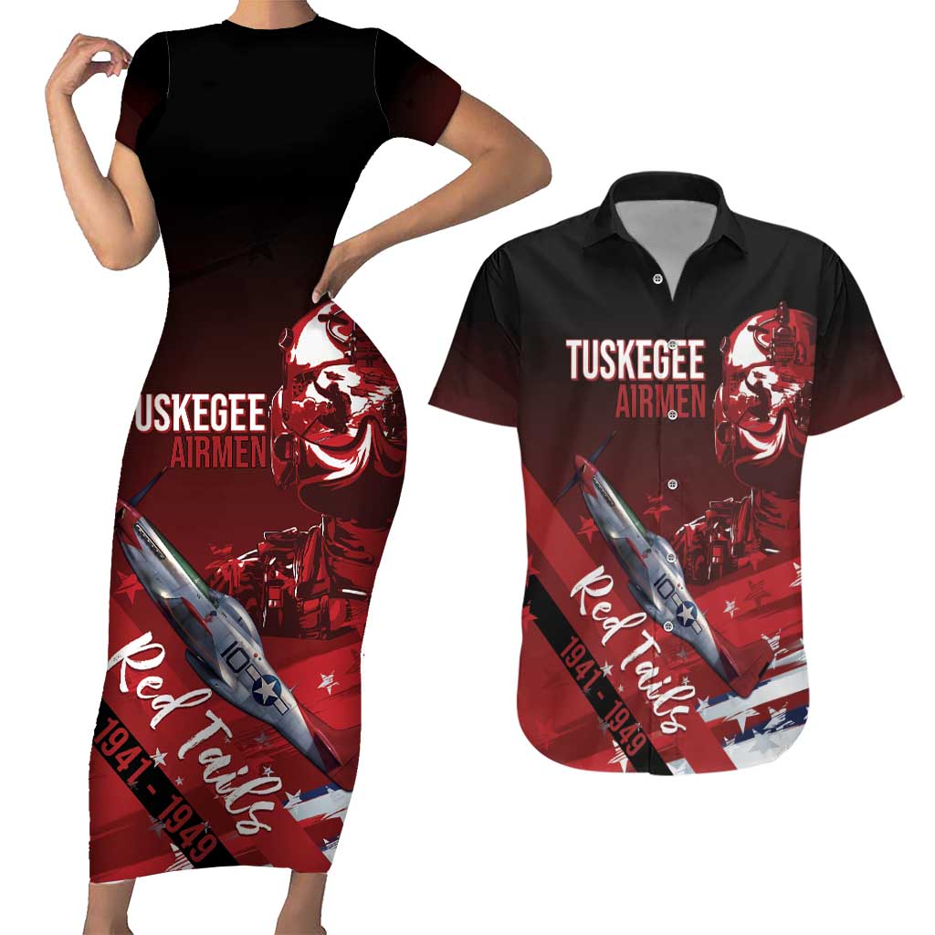 Tuskegee Airmen Red Tails Couples Matching Short Sleeve Bodycon Dress and Hawaiian Shirt Straighten Up and Fly Right - Black Red - Wonder Print Shop