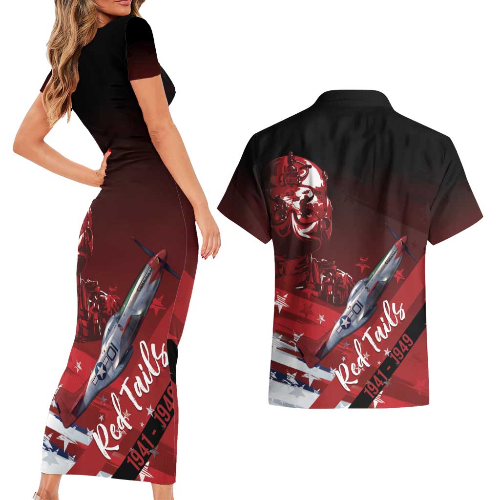 Tuskegee Airmen Red Tails Couples Matching Short Sleeve Bodycon Dress and Hawaiian Shirt Straighten Up and Fly Right - Black Red - Wonder Print Shop