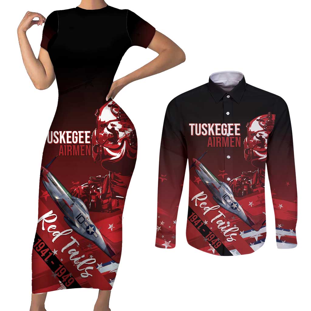 Tuskegee Airmen Red Tails Couples Matching Short Sleeve Bodycon Dress and Long Sleeve Button Shirt Straighten Up and Fly Right - Black Red - Wonder Print Shop