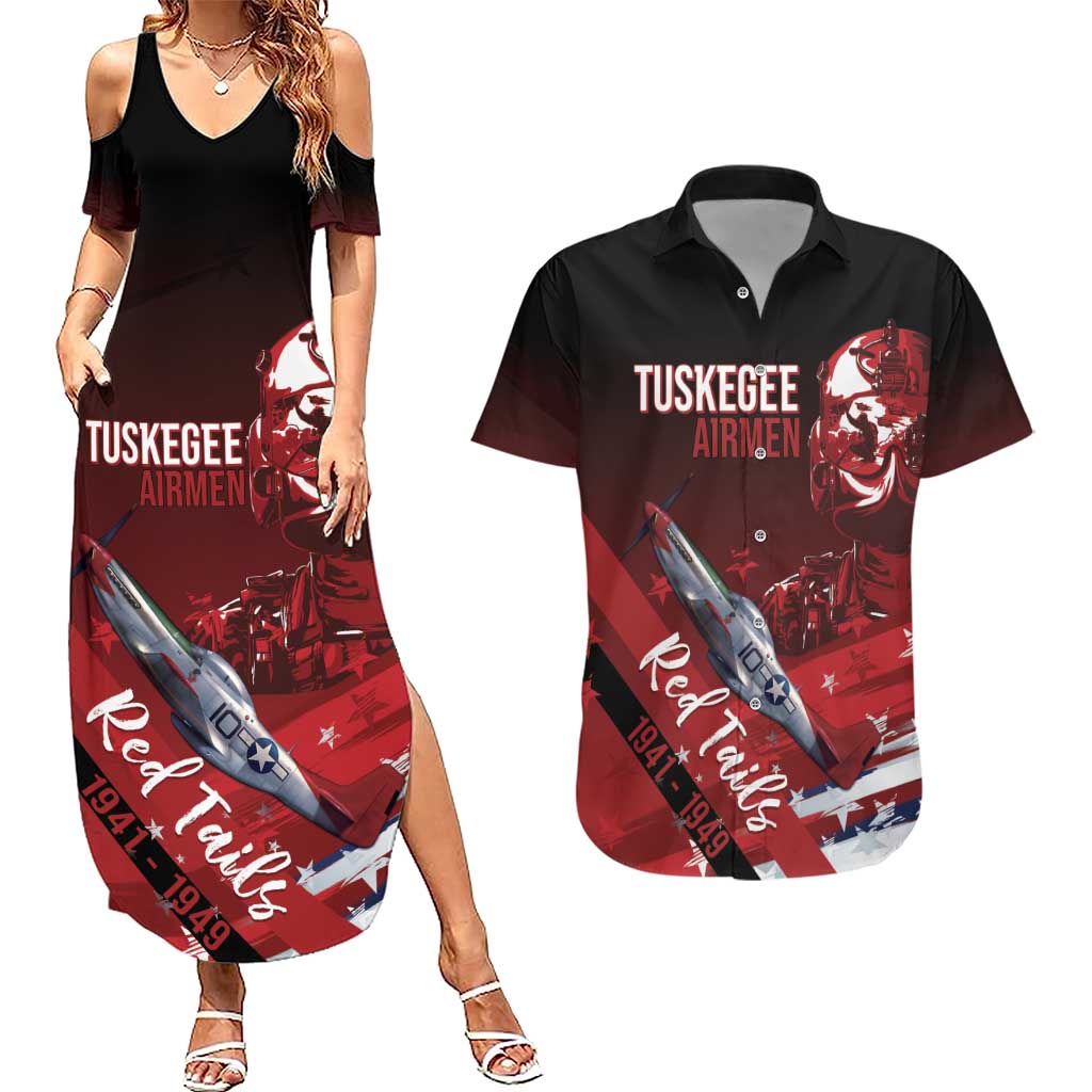 Tuskegee Airmen Red Tails Couples Matching Summer Maxi Dress and Hawaiian Shirt Straighten Up and Fly Right - Black Red - Wonder Print Shop