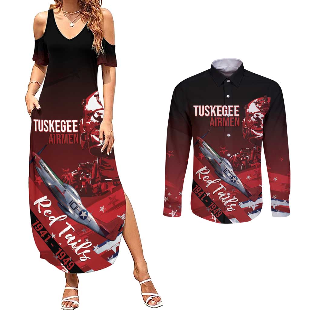 Tuskegee Airmen Red Tails Couples Matching Summer Maxi Dress and Long Sleeve Button Shirt Straighten Up and Fly Right - Black Red - Wonder Print Shop