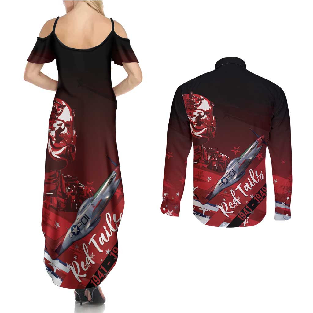 Tuskegee Airmen Red Tails Couples Matching Summer Maxi Dress and Long Sleeve Button Shirt Straighten Up and Fly Right - Black Red - Wonder Print Shop