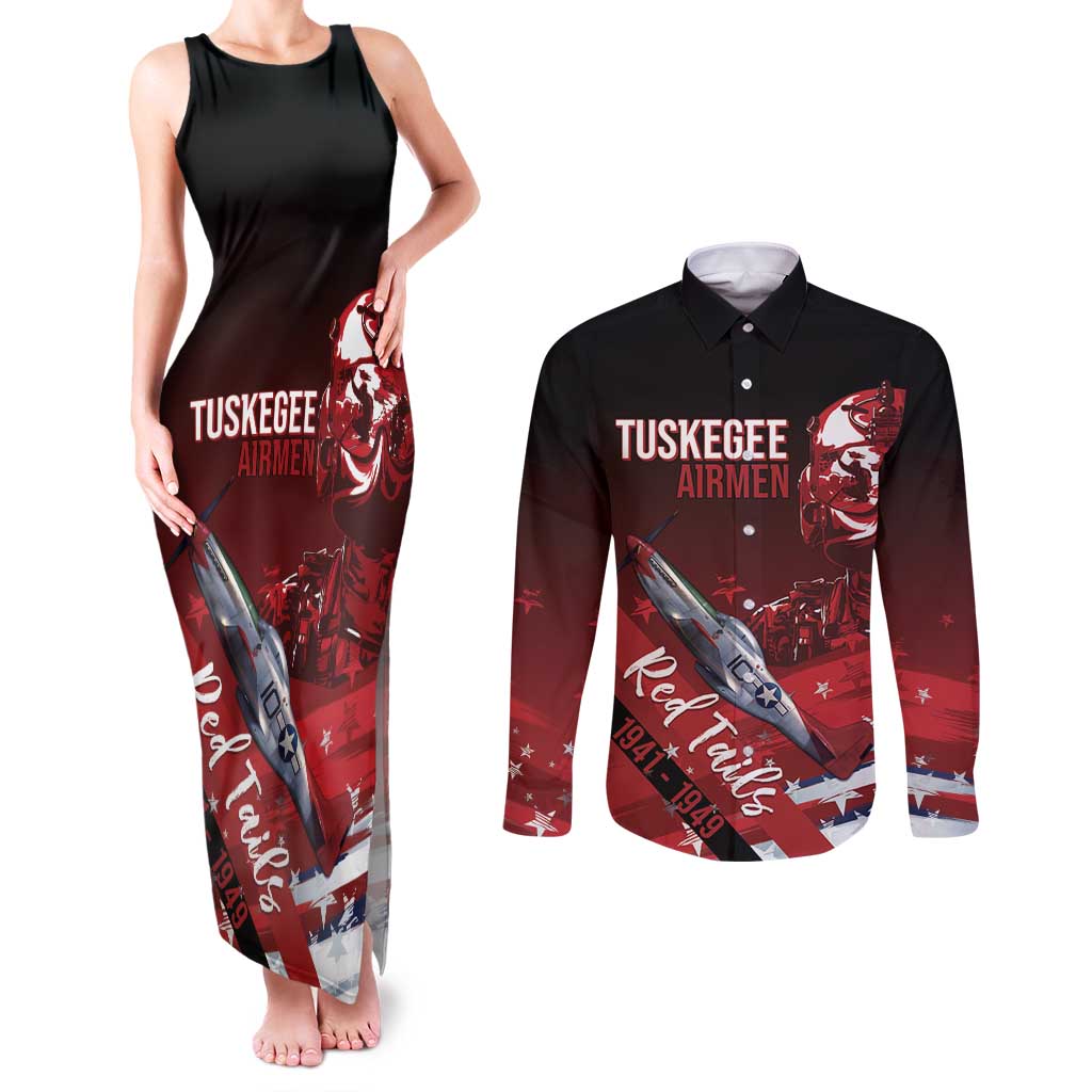 Tuskegee Airmen Red Tails Couples Matching Tank Maxi Dress and Long Sleeve Button Shirt Straighten Up and Fly Right - Black Red - Wonder Print Shop