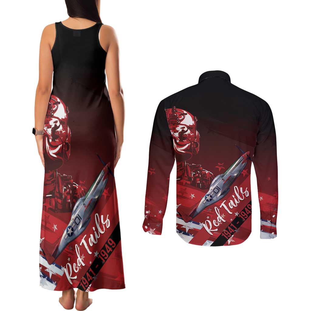 Tuskegee Airmen Red Tails Couples Matching Tank Maxi Dress and Long Sleeve Button Shirt Straighten Up and Fly Right - Black Red - Wonder Print Shop