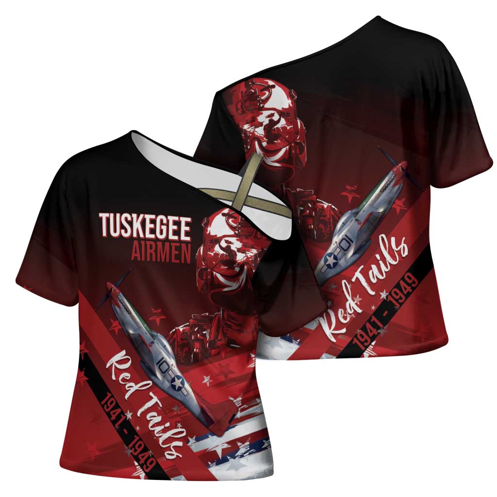 Tuskegee Airmen Red Tails Cross Shoulder Shirt Straighten Up and Fly Right - Black Red - Wonder Print Shop