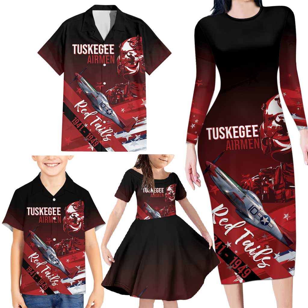 Tuskegee Airmen Red Tails Family Matching Long Sleeve Bodycon Dress and Hawaiian Shirt Straighten Up and Fly Right - Black Red - Wonder Print Shop