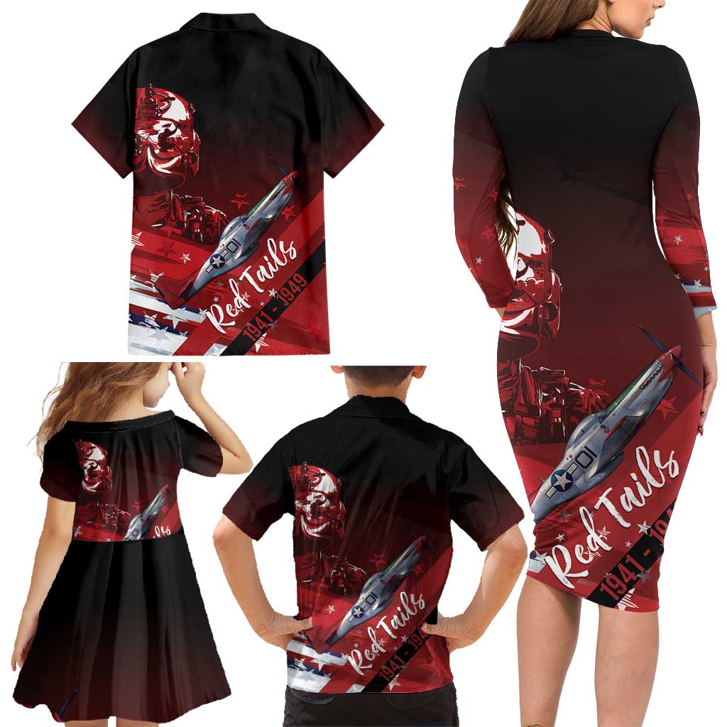 Tuskegee Airmen Red Tails Family Matching Long Sleeve Bodycon Dress and Hawaiian Shirt Straighten Up and Fly Right - Black Red - Wonder Print Shop