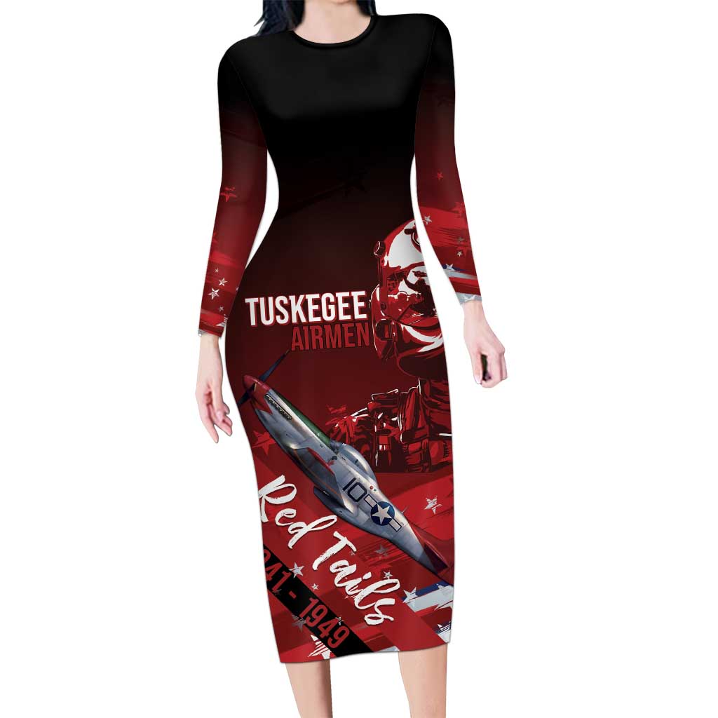 Tuskegee Airmen Red Tails Family Matching Long Sleeve Bodycon Dress and Hawaiian Shirt Straighten Up and Fly Right - Black Red - Wonder Print Shop