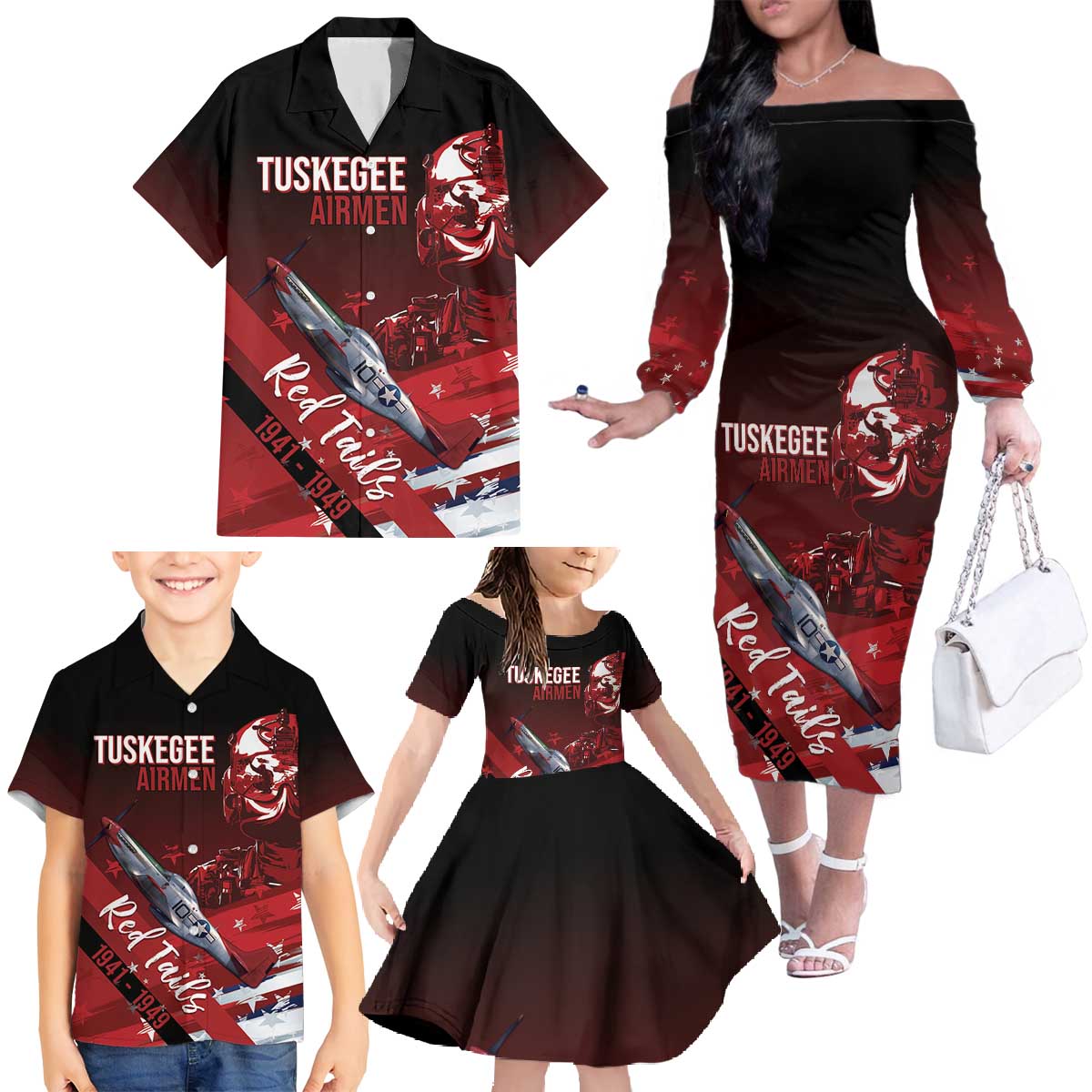 Tuskegee Airmen Red Tails Family Matching Off The Shoulder Long Sleeve Dress and Hawaiian Shirt Straighten Up and Fly Right - Black Red - Wonder Print Shop