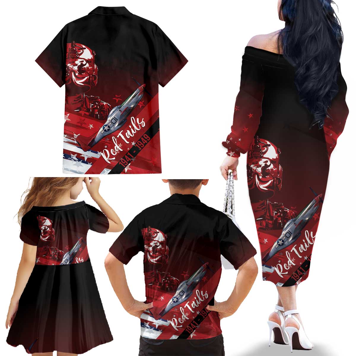 Tuskegee Airmen Red Tails Family Matching Off The Shoulder Long Sleeve Dress and Hawaiian Shirt Straighten Up and Fly Right - Black Red - Wonder Print Shop