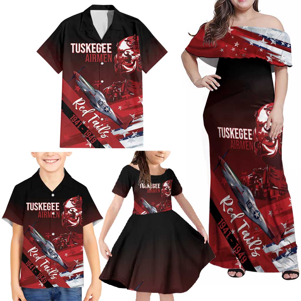 Tuskegee Airmen Red Tails Family Matching Off Shoulder Maxi Dress and Hawaiian Shirt Straighten Up and Fly Right - Black Red - Wonder Print Shop