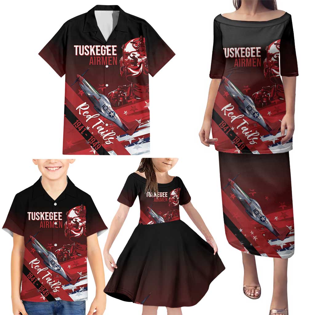 Tuskegee Airmen Red Tails Family Matching Puletasi and Hawaiian Shirt Straighten Up and Fly Right - Black Red - Wonder Print Shop