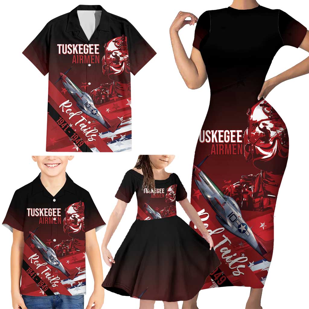 Tuskegee Airmen Red Tails Family Matching Short Sleeve Bodycon Dress and Hawaiian Shirt Straighten Up and Fly Right - Black Red - Wonder Print Shop