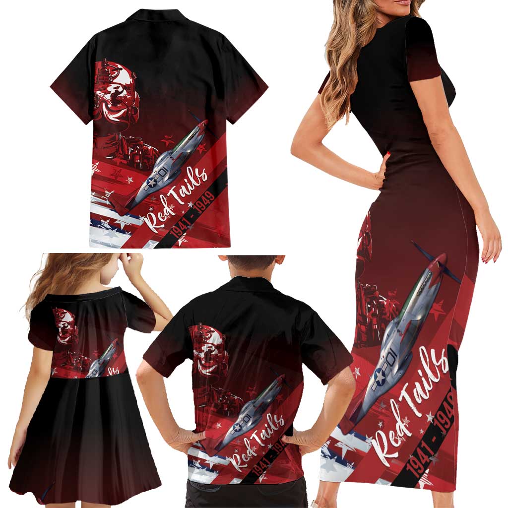 Tuskegee Airmen Red Tails Family Matching Short Sleeve Bodycon Dress and Hawaiian Shirt Straighten Up and Fly Right - Black Red - Wonder Print Shop