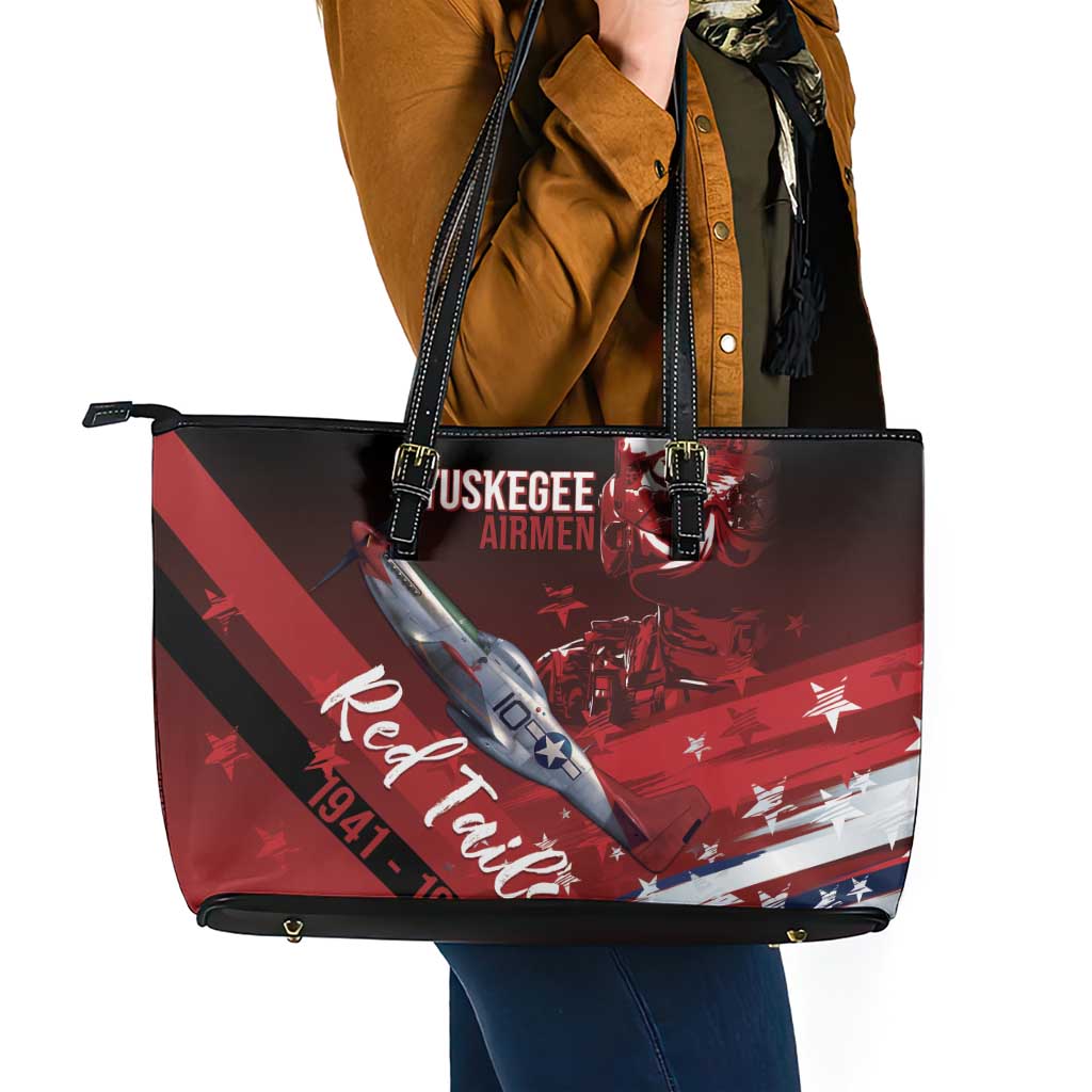 Tuskegee Airmen Red Tails Leather Tote Bag Straighten Up and Fly Right - Black Red - Wonder Print Shop