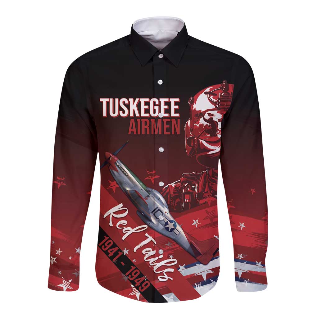 Tuskegee Airmen Red Tails Long Sleeve Button Shirt Straighten Up and Fly Right - Black Red - Wonder Print Shop