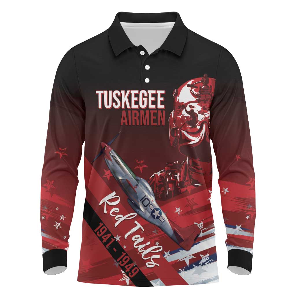 Tuskegee Airmen Red Tails Long Sleeve Polo Shirt Straighten Up and Fly Right - Black Red - Wonder Print Shop