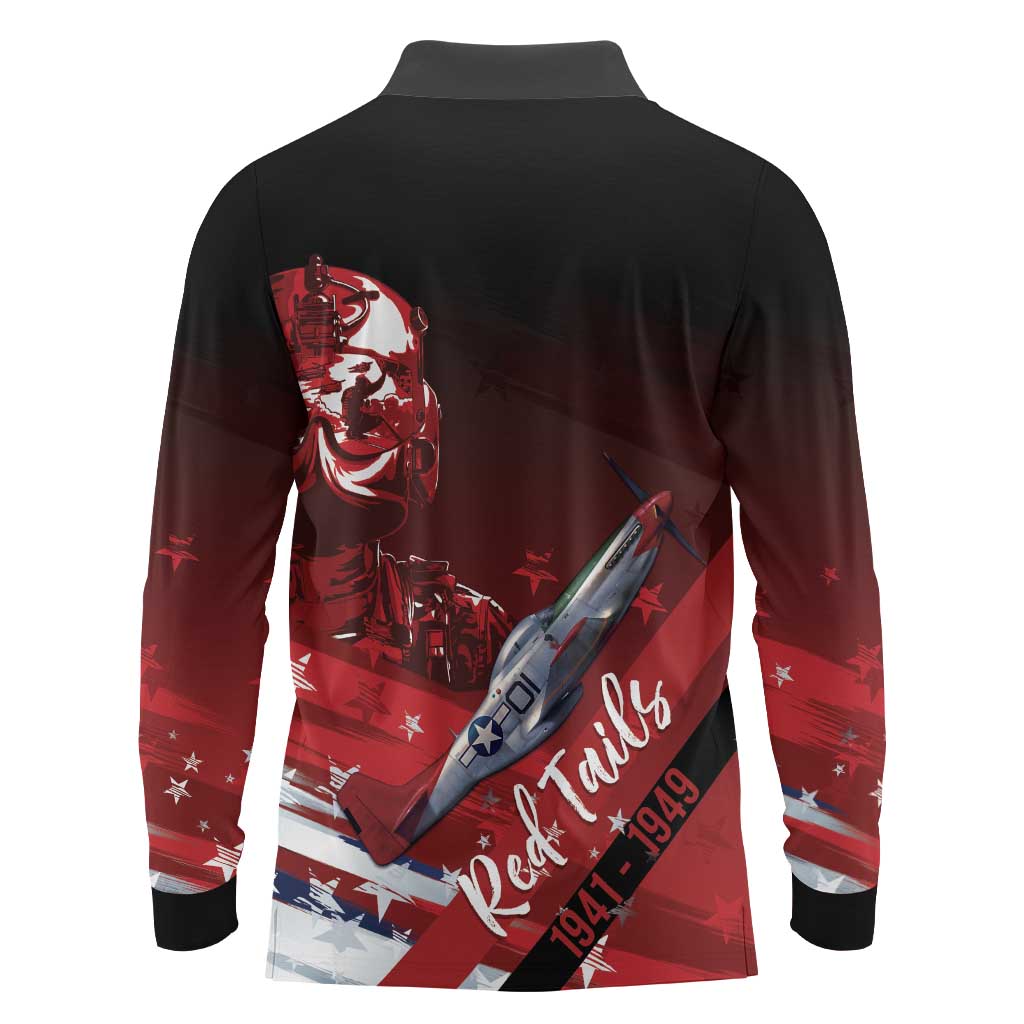 Tuskegee Airmen Red Tails Long Sleeve Polo Shirt Straighten Up and Fly Right - Black Red - Wonder Print Shop