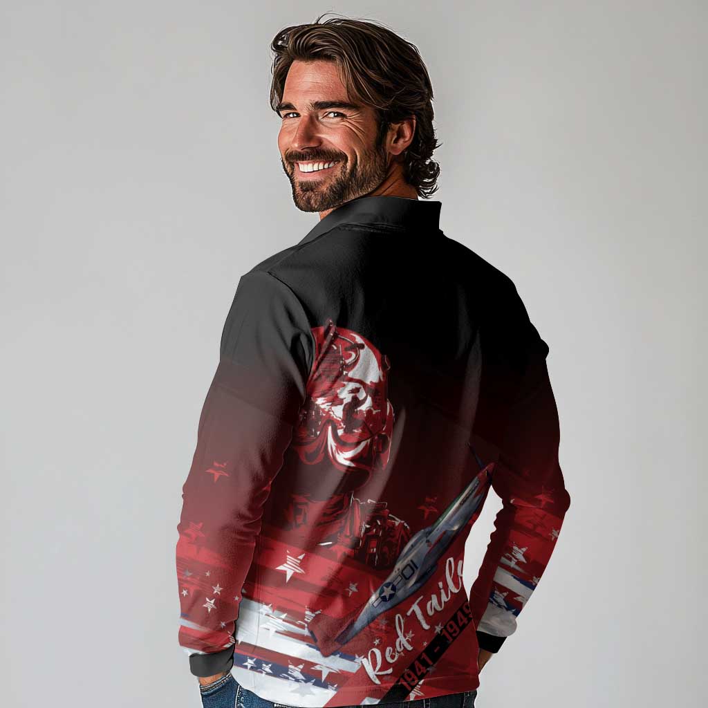 Tuskegee Airmen Red Tails Long Sleeve Polo Shirt Straighten Up and Fly Right - Black Red - Wonder Print Shop