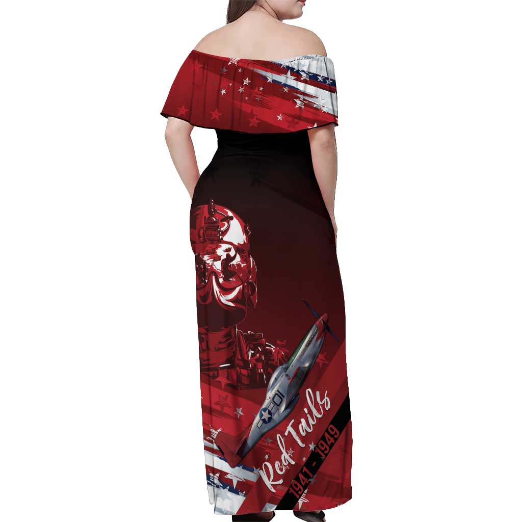 Tuskegee Airmen Red Tails Off Shoulder Maxi Dress Straighten Up and Fly Right - Black Red - Wonder Print Shop